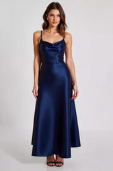 Marineblaues Satin Ballkleid mit Spaghettiträgern in A-Linie